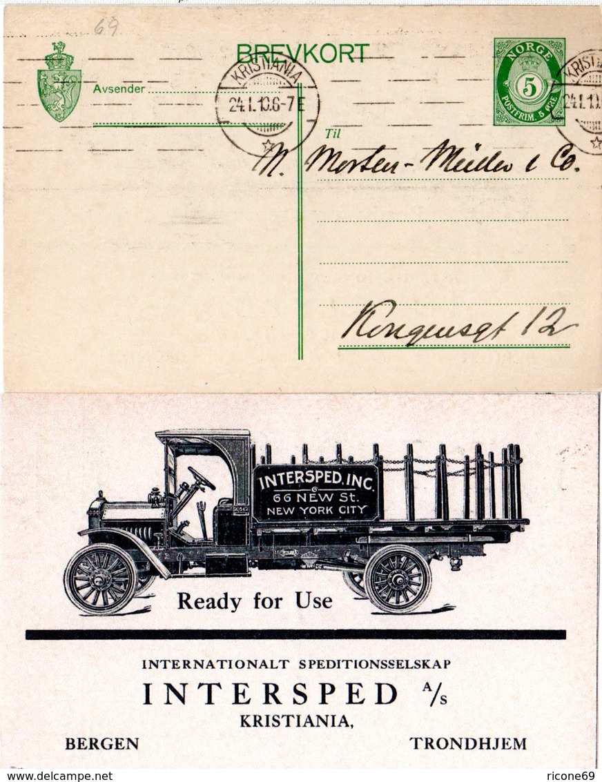 Norwegen 1910, 5 öre Ganzsache V. Kristiania M. Rs. Zudruck Oldtimer LKW - Trucks