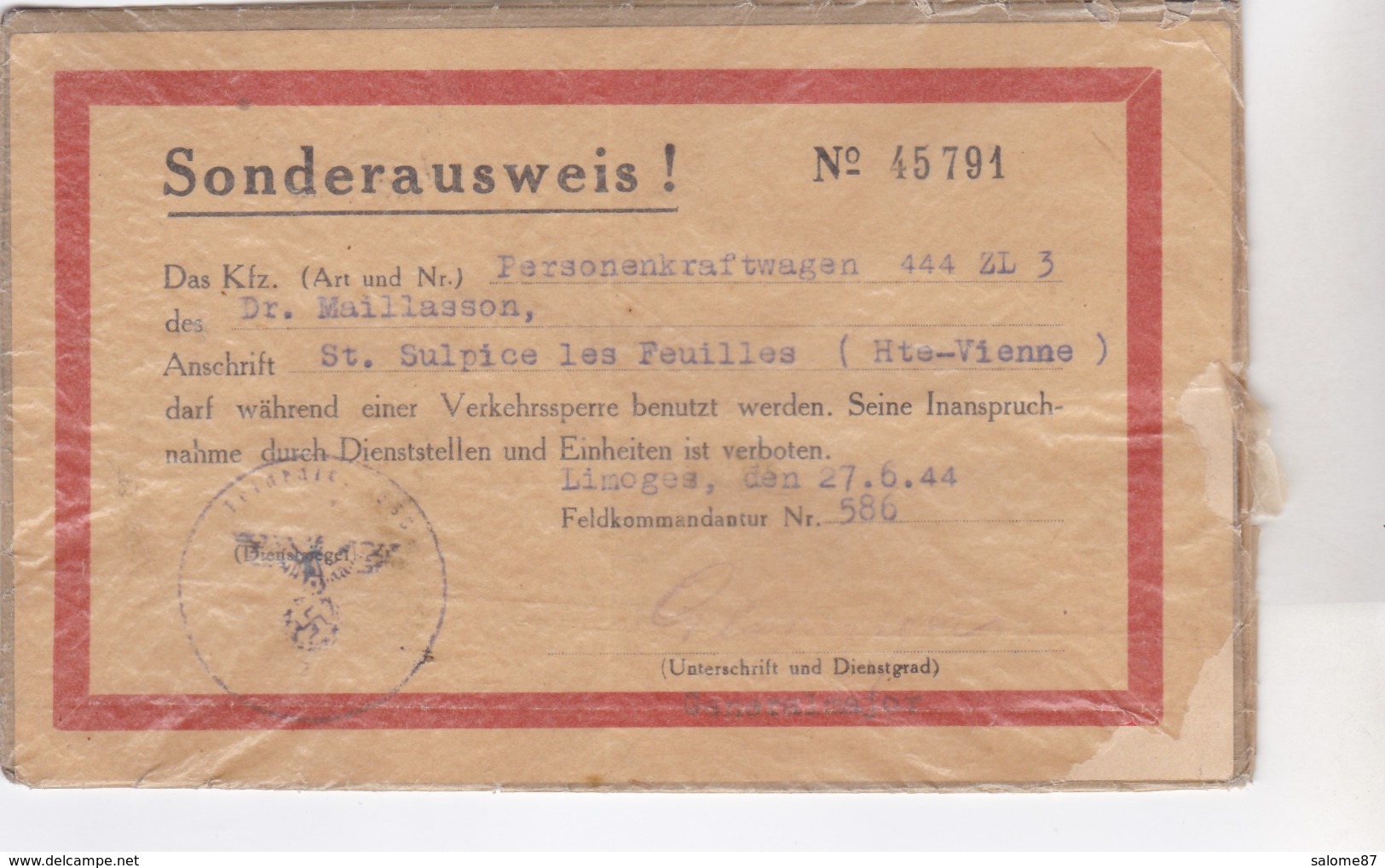 Cpa SONDERAUSWEIS 1944 - Historische Documenten