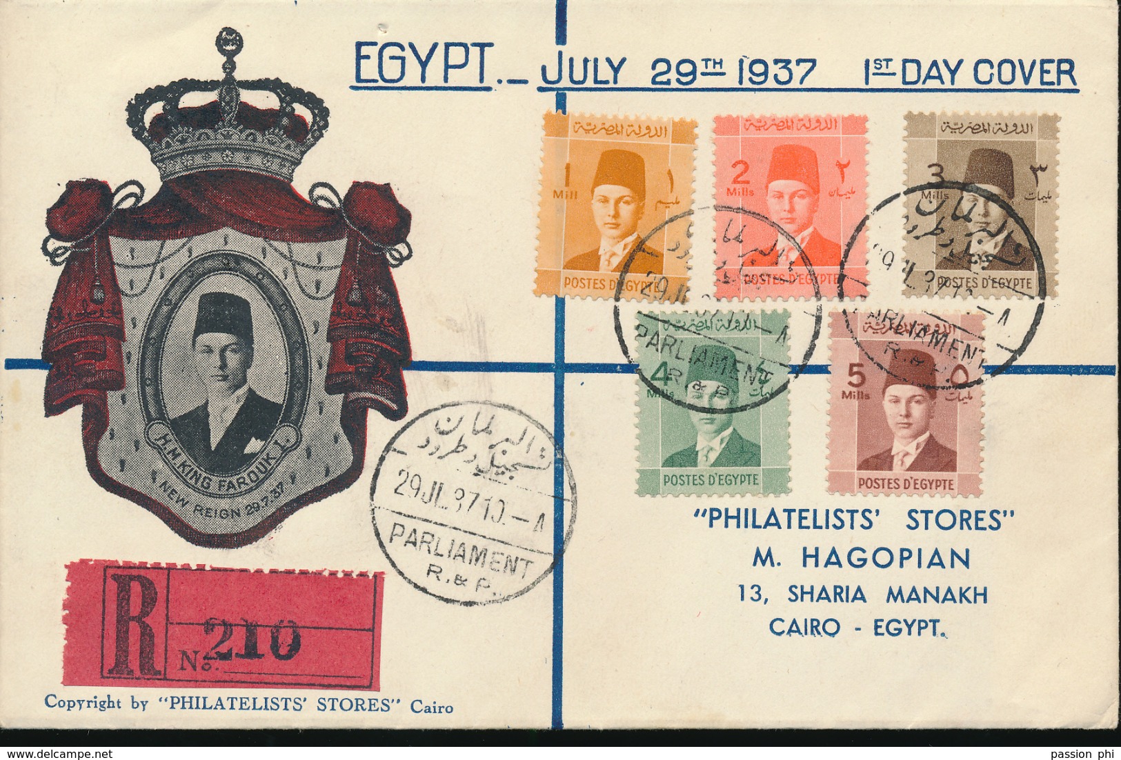 EGYPTE FIRST DAY REGISTERED COVER FROM PARLIAMENT 29.07.37 TO CAIRO - Covers & Documents