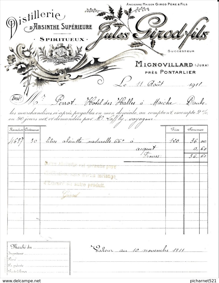 Mignovillard Près Pontarlier. Facture Distillerie Jules Girod Fils. Absinthe, Spiritueux. Août 1911. TB état.. - 1900 – 1949