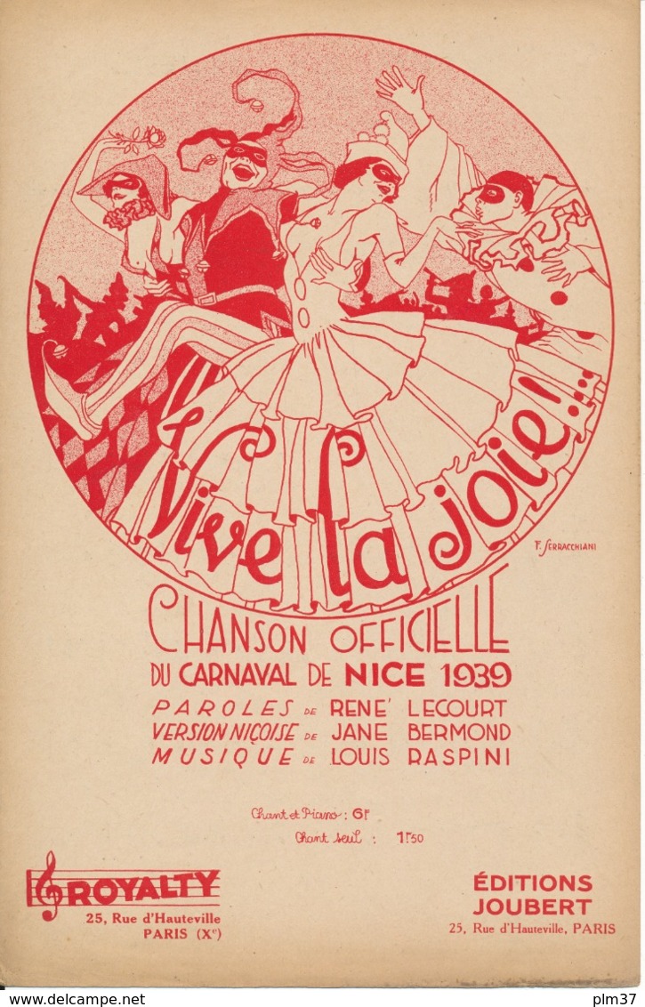 Chanson Officielle Du Carnaval De NICE, 1939 - Vive La Joie !...- Lecourt, Bermond, Raspini - Partituras