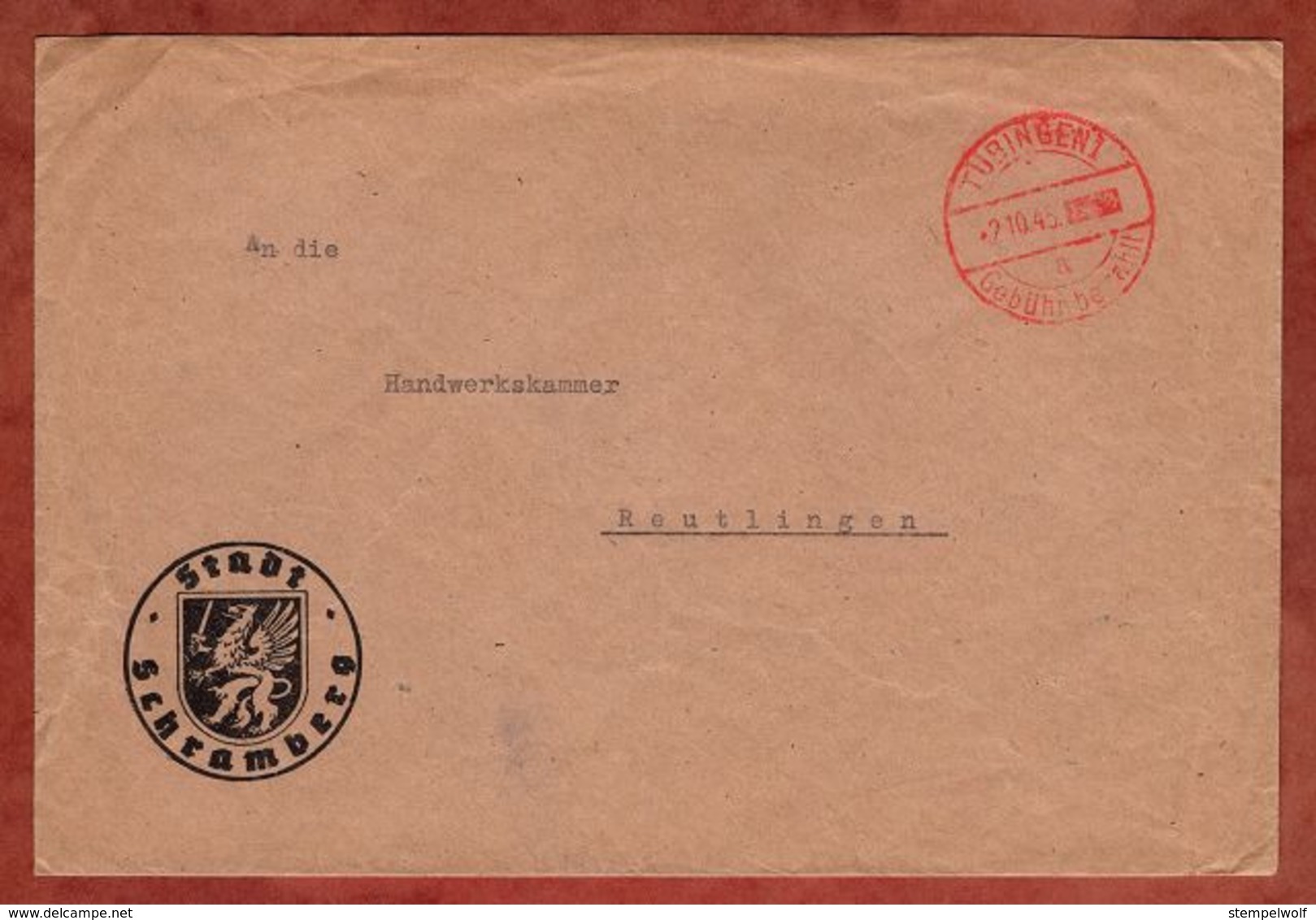 Teilbotenpost, Brief, Stadt Schramberg, Gebuehr Bezahlt Tuebingen, Nach Reutlingen 1945 (79959) - Sonstige & Ohne Zuordnung