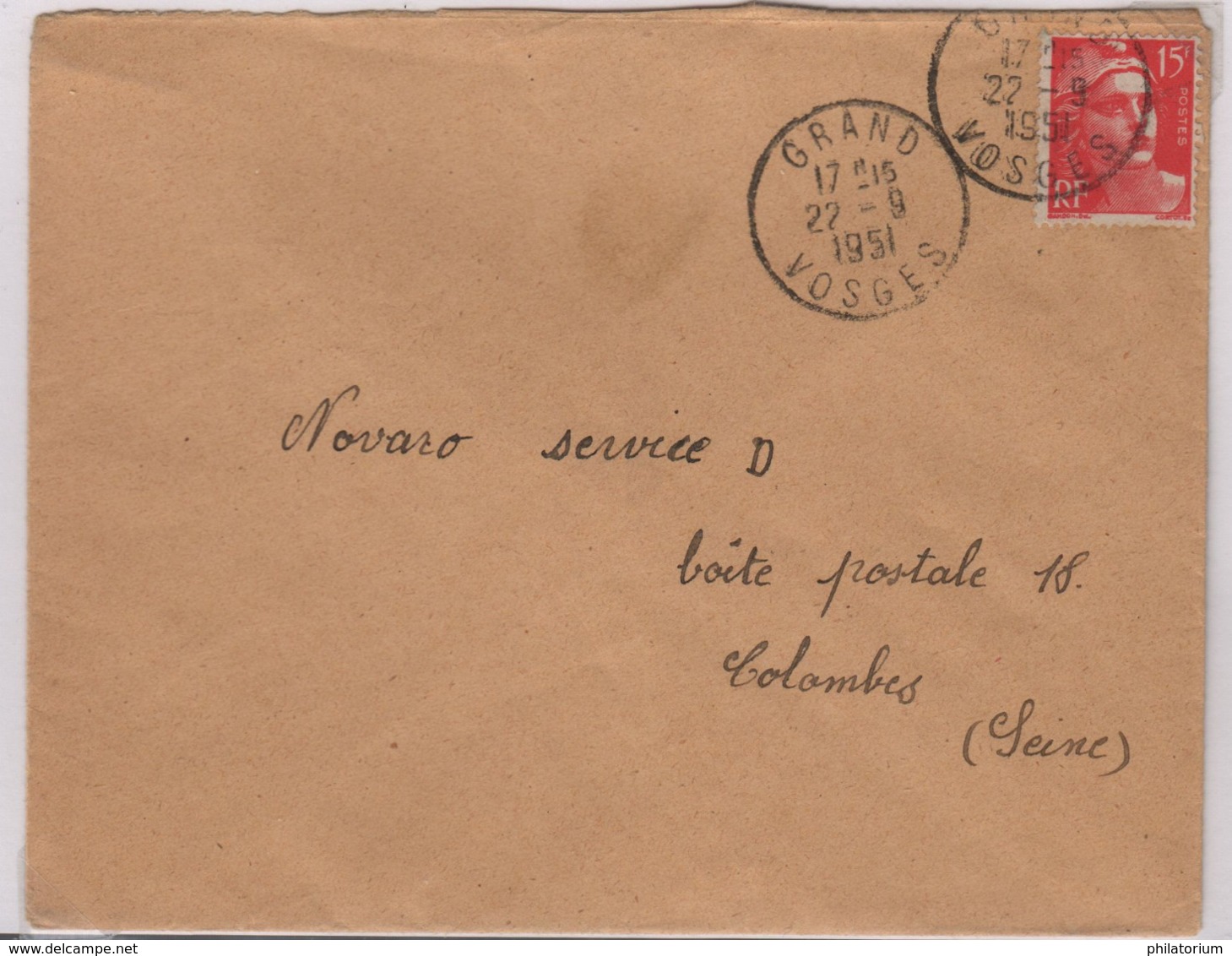 GRAND (Vosges) 22 Septembre 1951 Sur Gandon 15f - Cachets Manuels