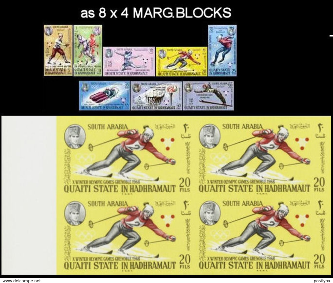 Qu'aiti State Of Hadhramaut 1967 Olympics Grenoble MARG.IMPERF.4-BLOCKS:8 (32 Stamps) South Arabia Aden - Winter 1968: Grenoble