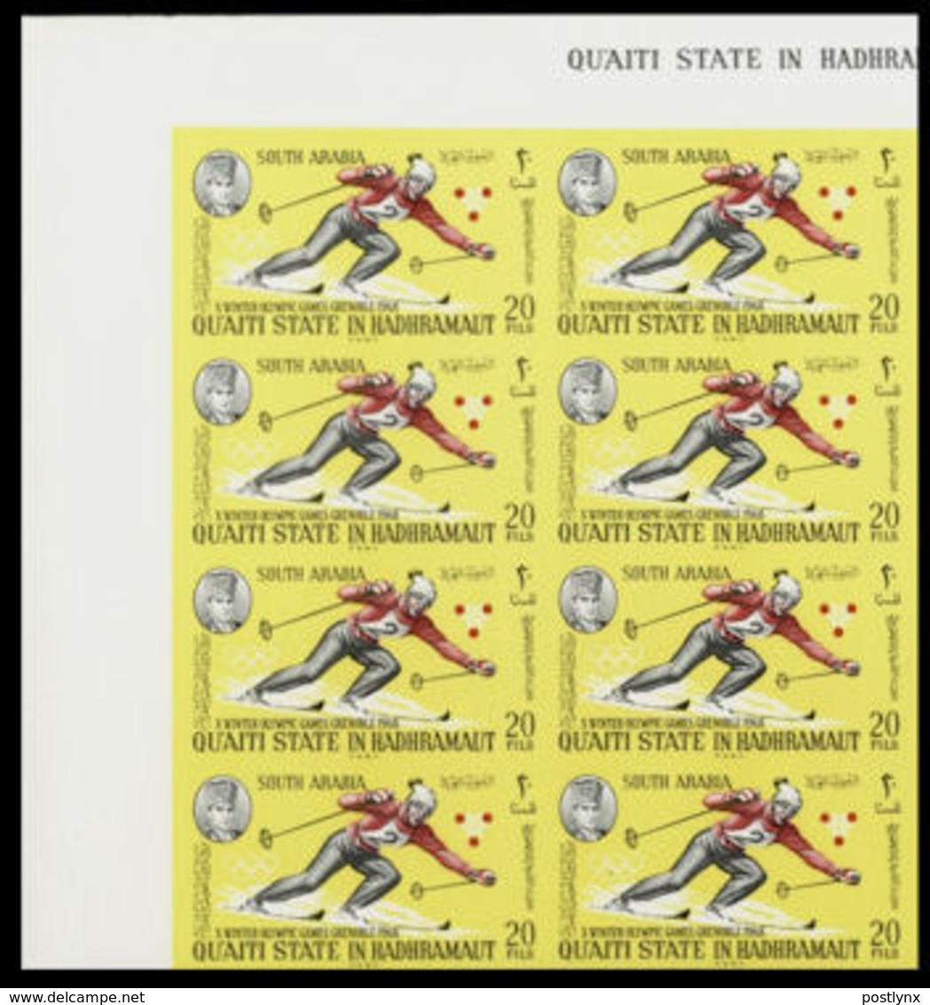 Qu'aiti State In Hadhramaut 1967 Olympics Grenoble Skiing Slalom 20Fils CORNER 8-BLOCK South Arabia Aden - Winter 1968: Grenoble