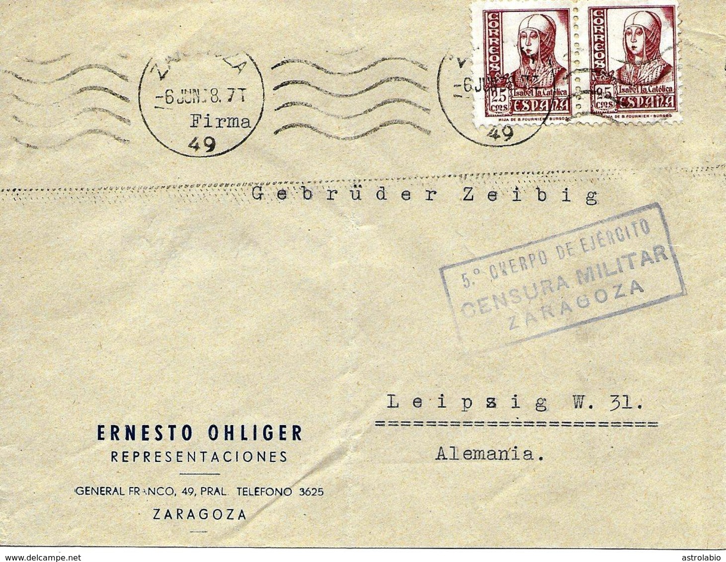 Carta De Zaragoza A Alemania 1938 Censura. Guerre D'Espagne. - Nationalistische Zensur