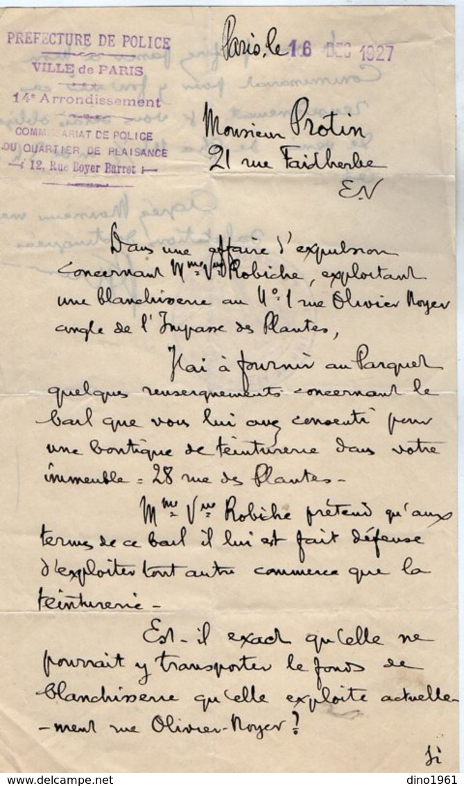 VP15.757 - PARIS 1927 - Police - Lettre Du Commissariat De Police Du Quartier De Plaisance - 14 ème Arrondissement - Politie & Rijkswacht