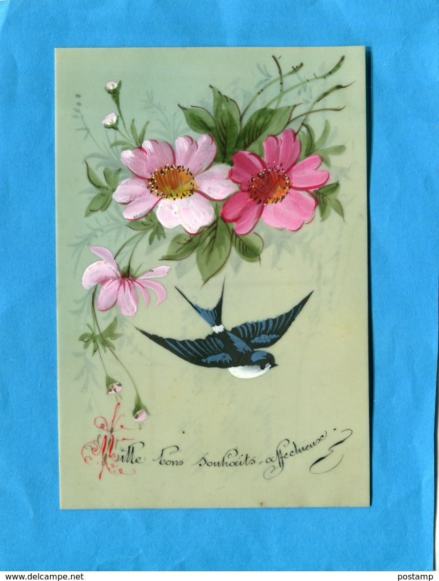 Fleurs Peintes -avec Hirondelle- Sur Carte Celluloîd   -a Voyagé  Années 1910-20 - Fleurs