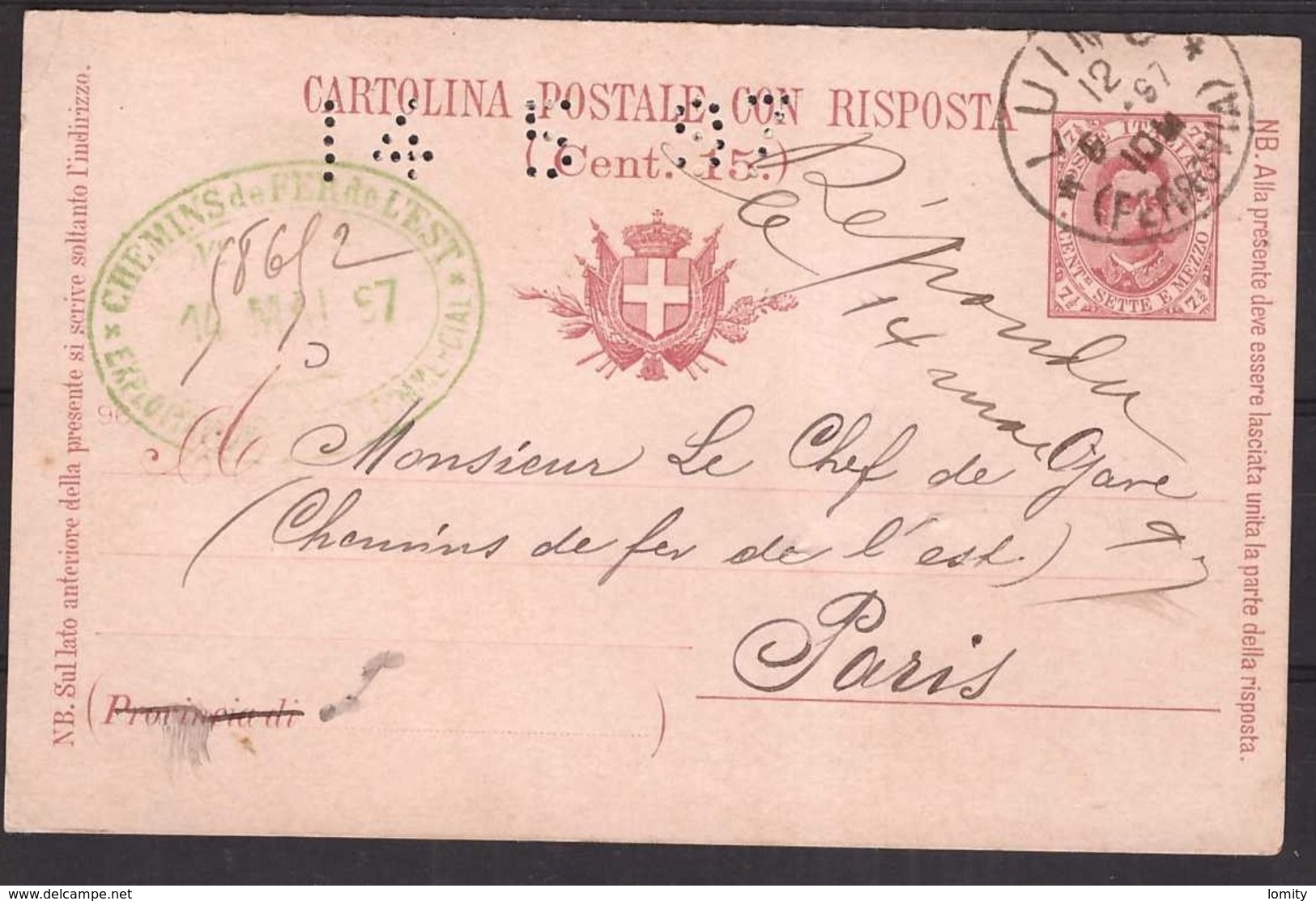 France Poste Ferroviaire Cachet Vert Chemins De Fer De L'est 1897 Perforation Mecanique Date Arrivée Départ Luino Italie - Poste Ferroviaire