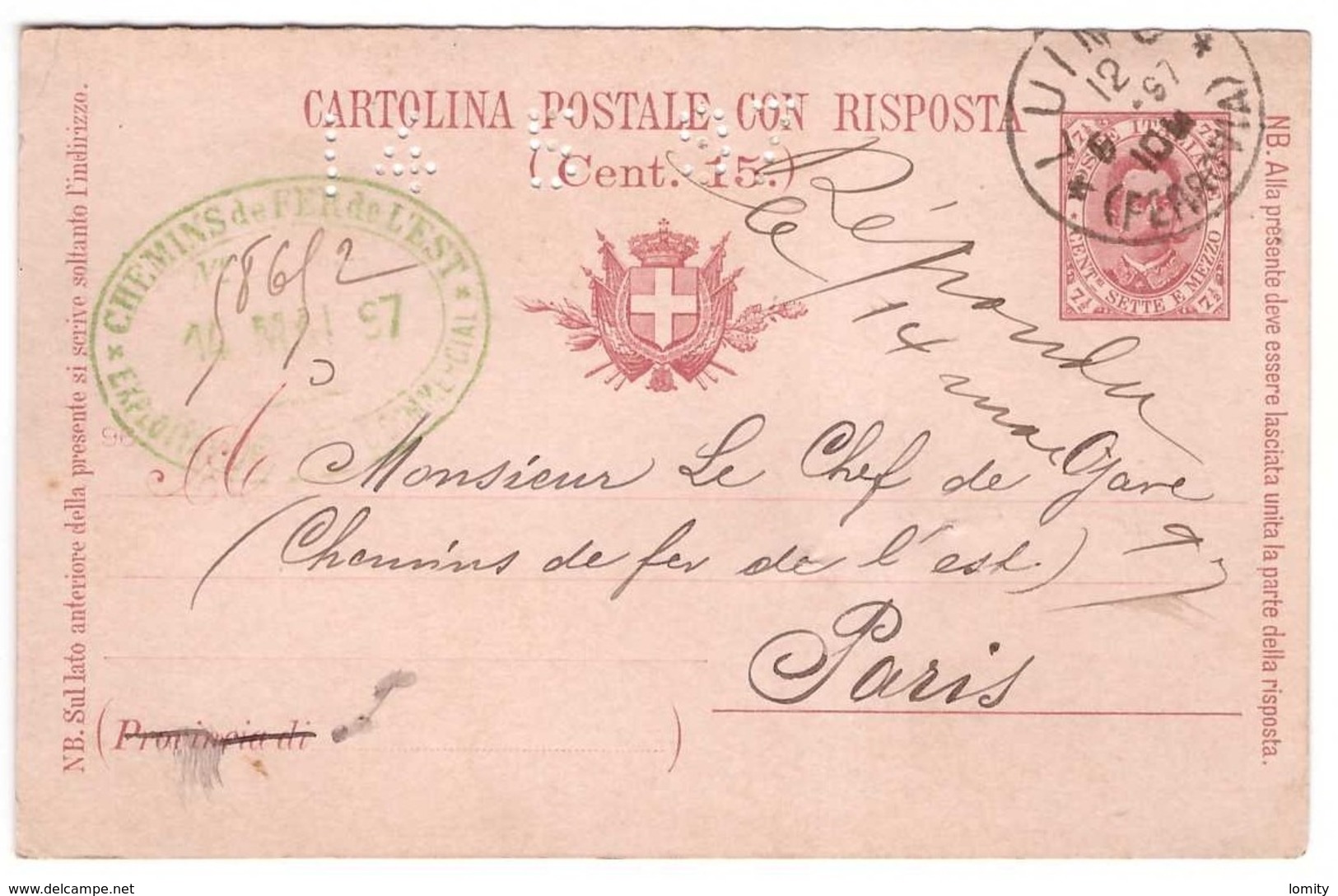 France Poste Ferroviaire Cachet Vert Chemins De Fer De L'est 1897 Perforation Mecanique Date Arrivée Départ Luino Italie - Poste Ferroviaire