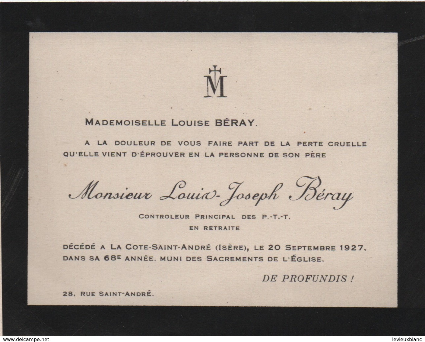 Cartelette Faire-Part De Décés/Mademoiselle Louise BERAY/Louis -Joseph BERAY/PTT/ Isére/1927                     FPD121 - Overlijden