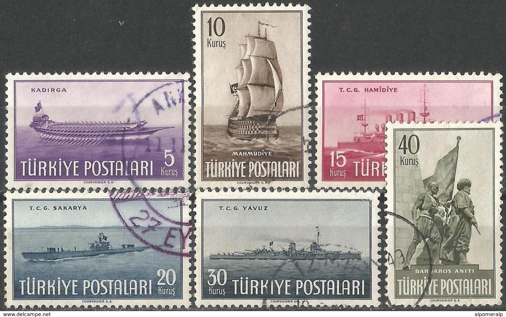 Turkey 1949 - Mi. 1235-40 O, Fleet Day | Turkish Galley, Frigate, Small Cruiser, Submarine, Battlecruiser, Barbarossa - Gebruikt