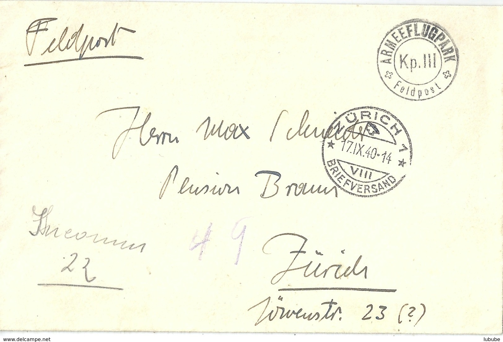 Feldpost Brief  "Armeeflugpark Kp.III" - Zürich           1940 - Postmarks