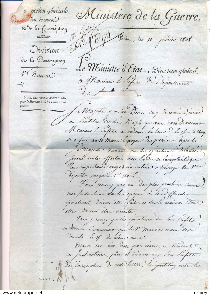 EMPIRE / Franchise Ministre De La Guerre + CHARGE / 1808 / Direction Générale De La Revue Et De La Conscription - 1701-1800: Précurseurs XVIII