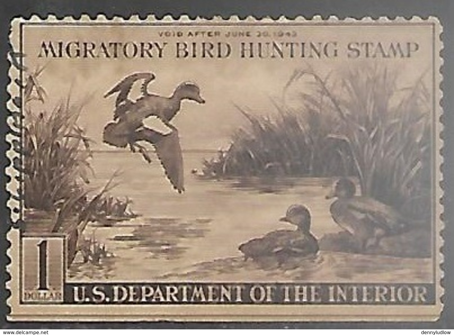 US 1942  RW9  $1   Duck Hunting Stamp Used   2016 Scott Value $45  Straight Edge - Duck Stamps