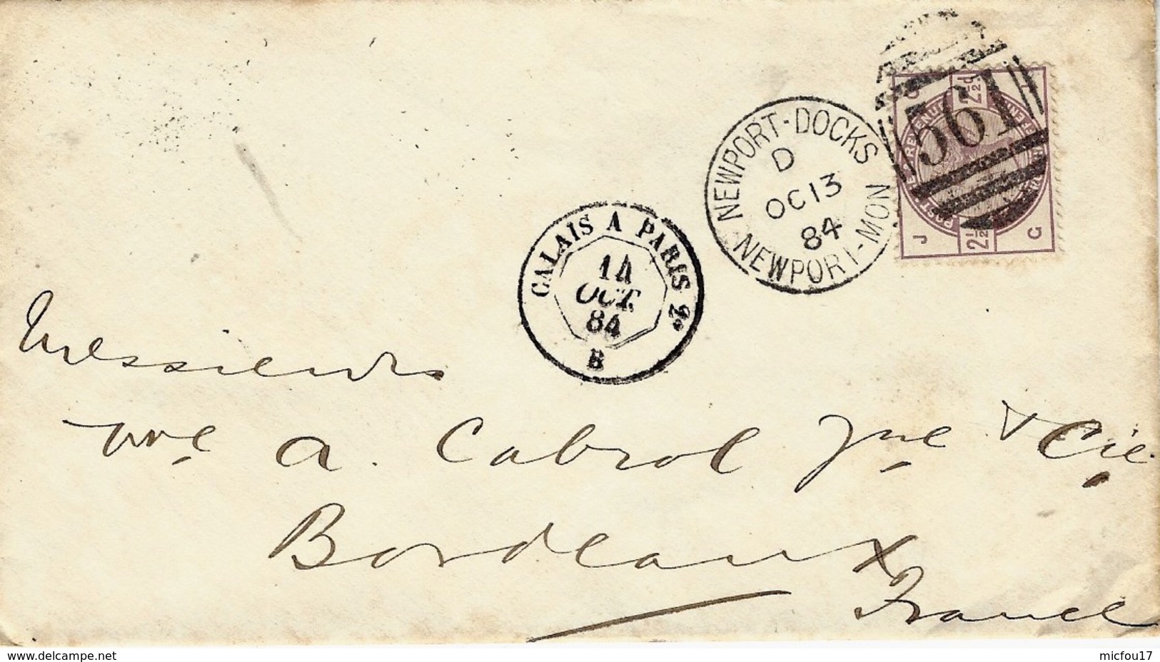 1884- Cover Fr. Y & T N°79  Cancelled  NEWPORT-DOCKS  ,NEWPORT-MON  Killer 561 To Bordeaux - Storia Postale