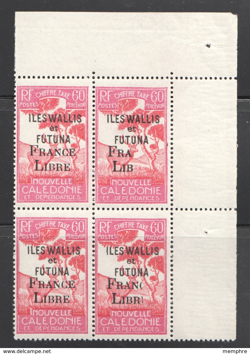 1943 Timbre Taxe 60 Cent Surchagé «France Libre» Yv T33 ** Bloc De 4 Dont 2 Surcharge Partielle TRÈS RARE. - Segnatasse