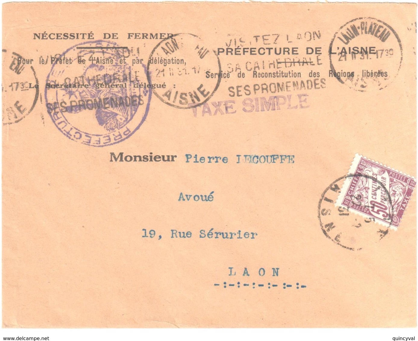 LAON PLATEAU Aisne Lettre Entête Préfecture Simple Taxe 50c Banderole Ob 1931 Yv T 37 - 1859-1959 Briefe & Dokumente