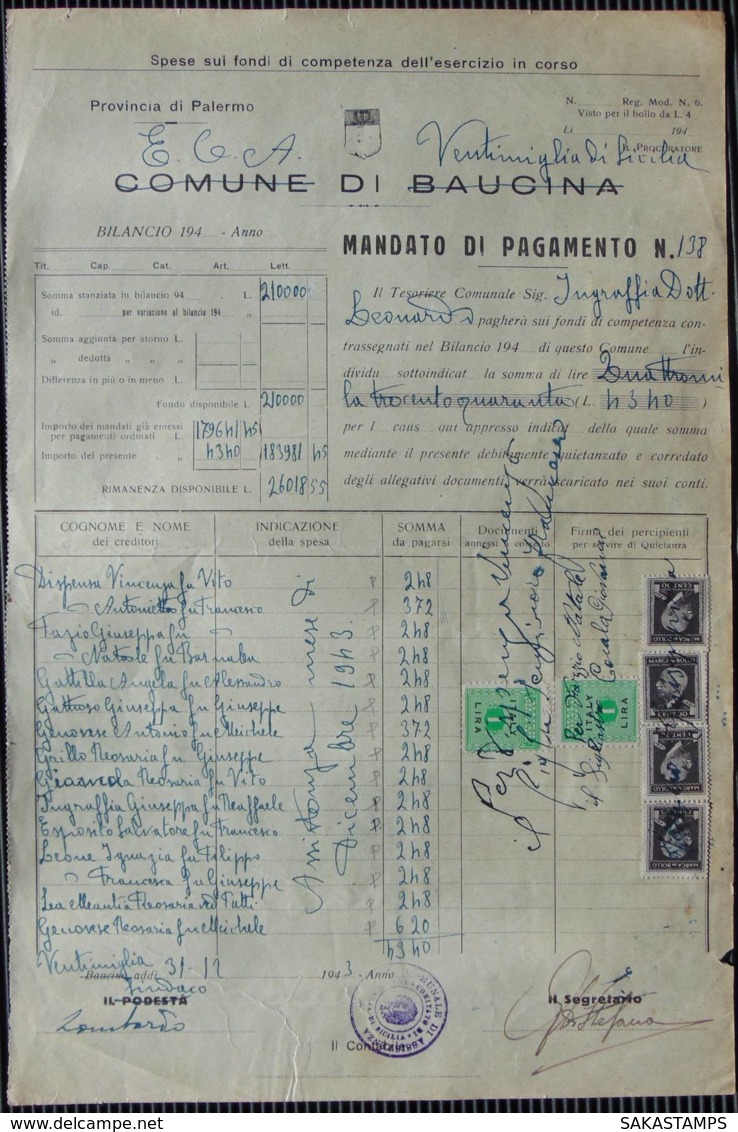 1943-Sicilia Mandato Di Pagamento Del Comune Di Ventimiglia Con Uso Amministrativo Di Ben 27 Tra Marche Da Bollo,francob - Ocu. Anglo-Americana: Sicilia