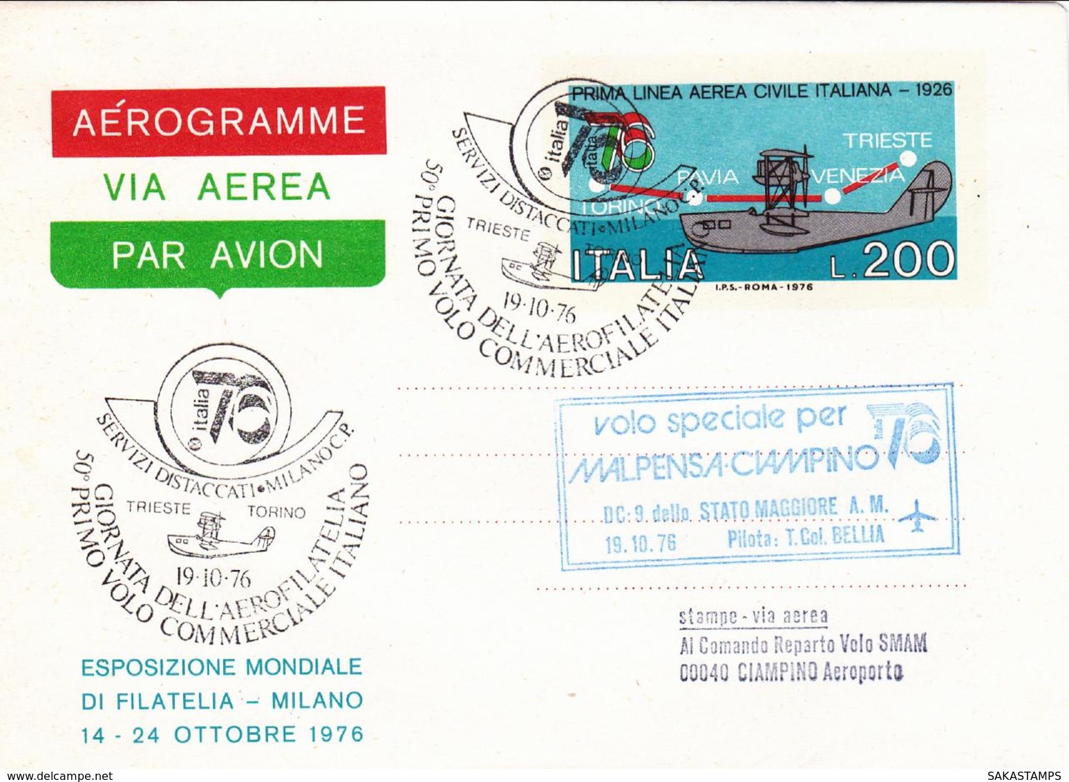1976- Aerogramma Giornata Dell'aerofilatelia 50� I Volo Commerciale Italiano, Volo Speciale Per Malpensa Ciampino A Cura - 1971-80: Storia Postale