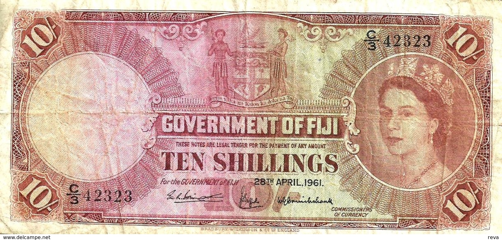 FIJI 10 SHILLINGS BROWN QEII HEAD FRONT & MOTIF BACK DATED 28-04-1961 F+ P.52b READ DESCRIPTION!! - Fiji