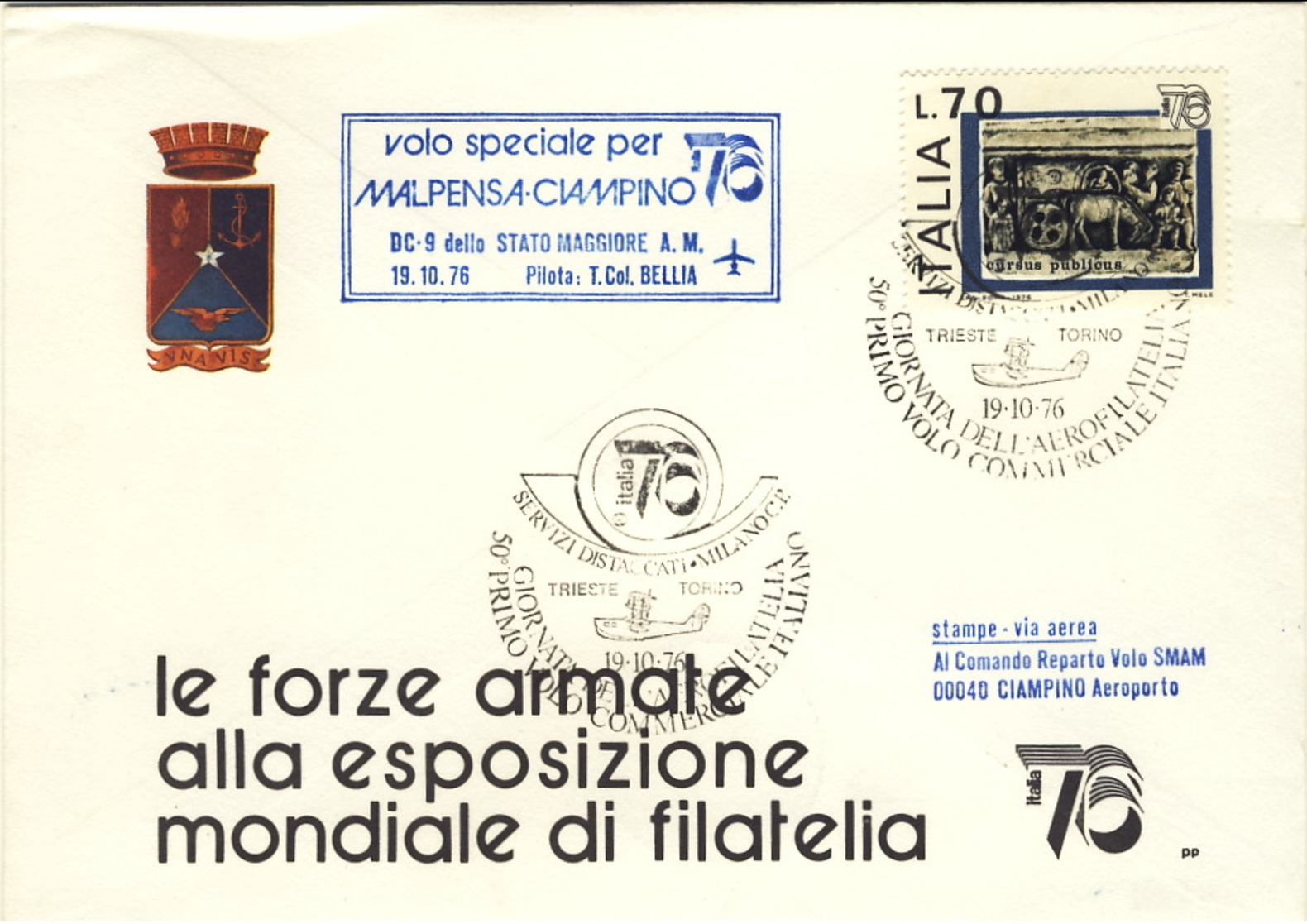 1976-volo Speciale Malpensa Ciampino Del 19 Ottobre Aerogramma Le Forze Armate Alla Esposizione Mondiale Di Filatelia - 1971-80: Storia Postale