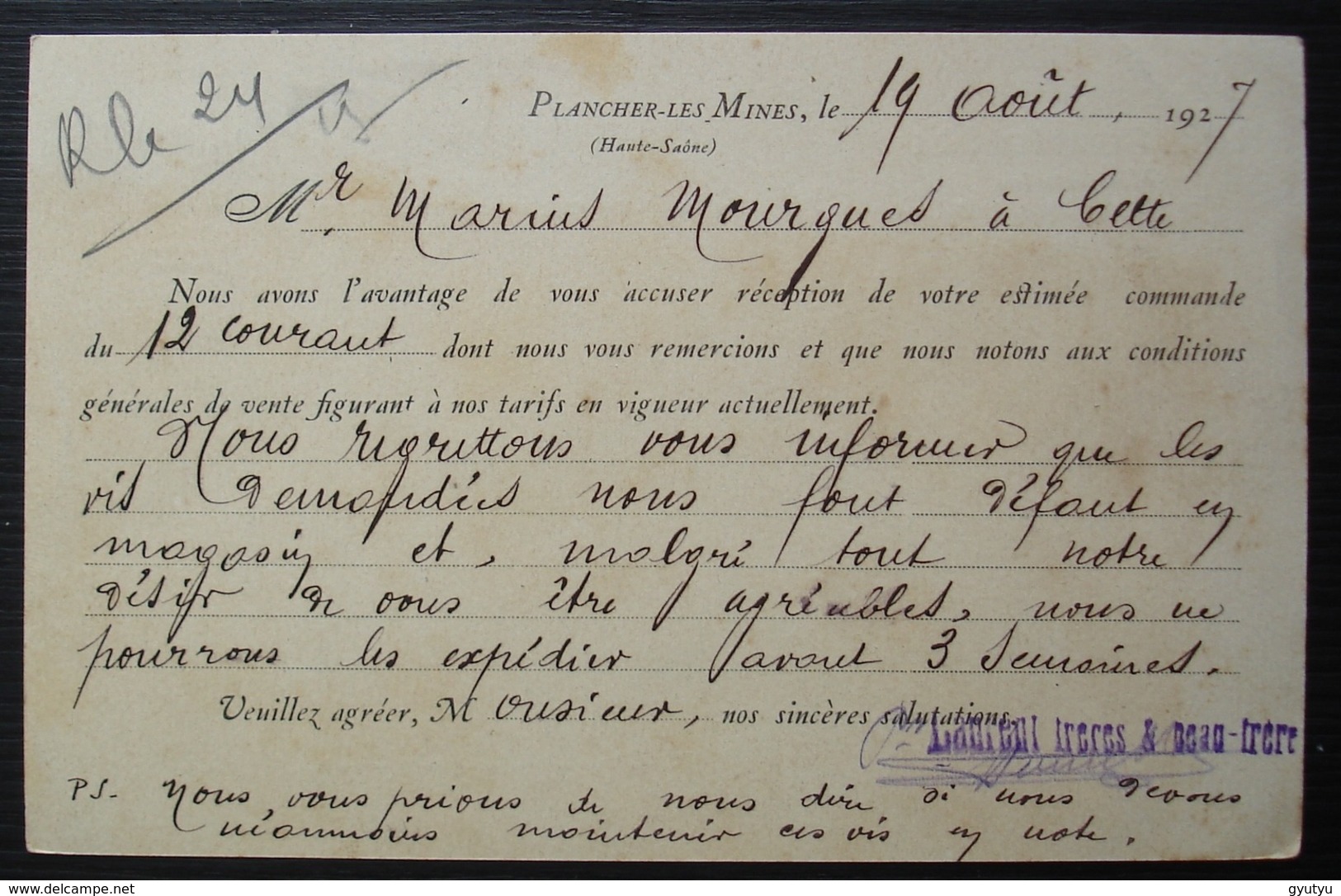 Plancher-les-mines 1927 (Haute Saône) Laurent Frères & Beau-frère Manufacturiers Carte Pour Cette (Sète Hérault) - 1921-1960: Periodo Moderno