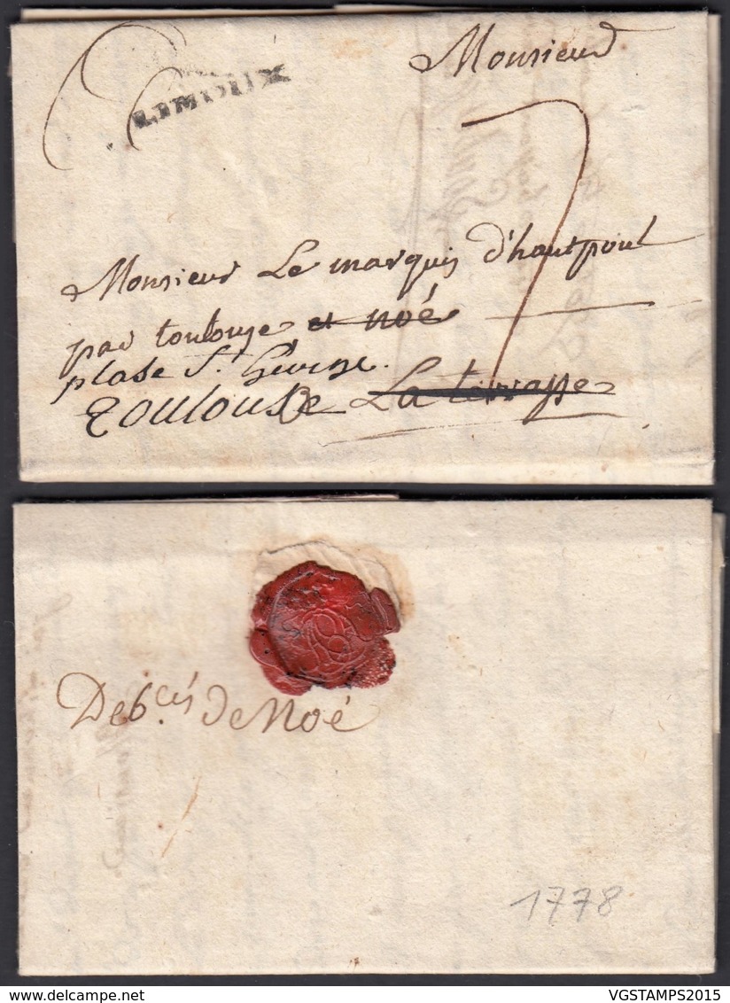 FRANCE LETTRE DATE BUILLAC 27/01/1778 VERS NOE (DEB DE NOE) ET TOULOUSE    (DE) DC-4176 - 1701-1800: Precursors XVIII