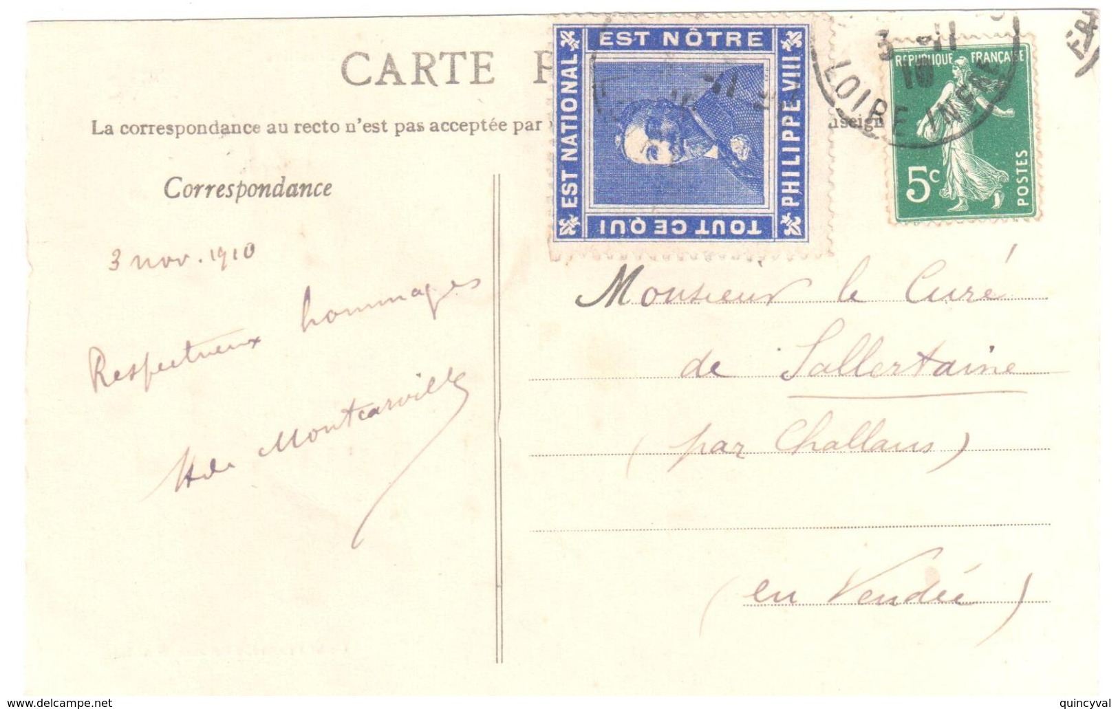 Carte Postale  5 Mots 5c Semeuse Vert  Yv 137 Etiquette Erinophilie PHILIPPE VIII Dest Sallertaine Challans Vendée - Lettres & Documents