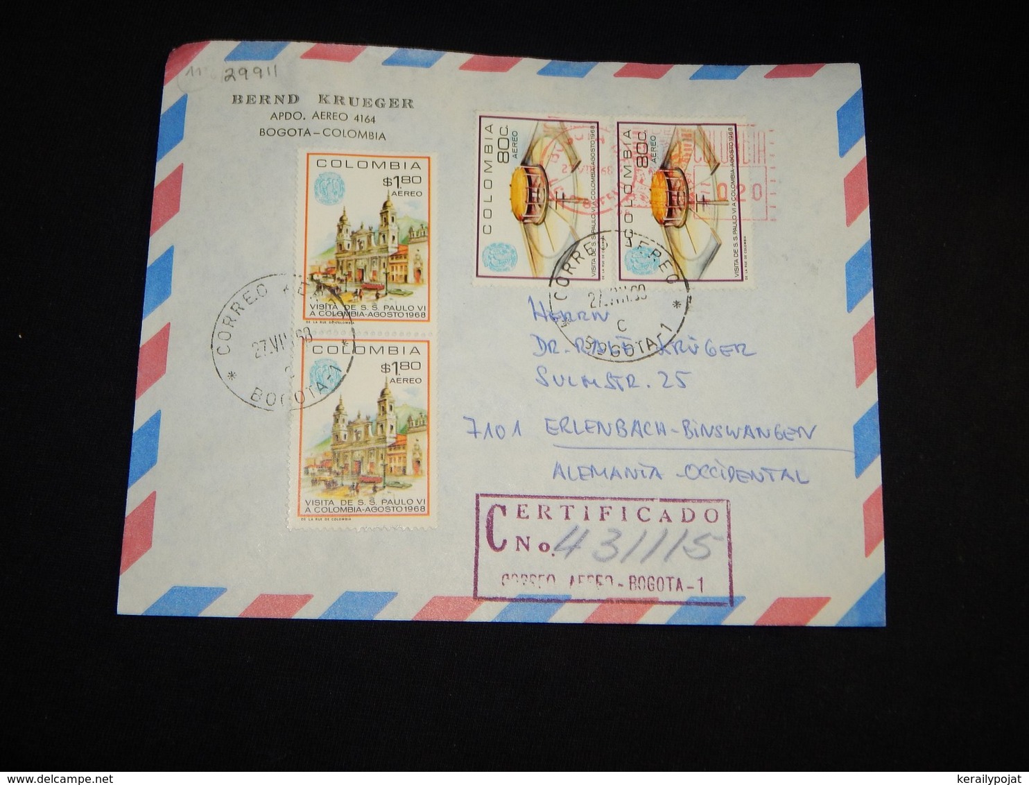 Colombia 1968 Bogota Air Mail Cover To Germany__(L-29911) - Colombie