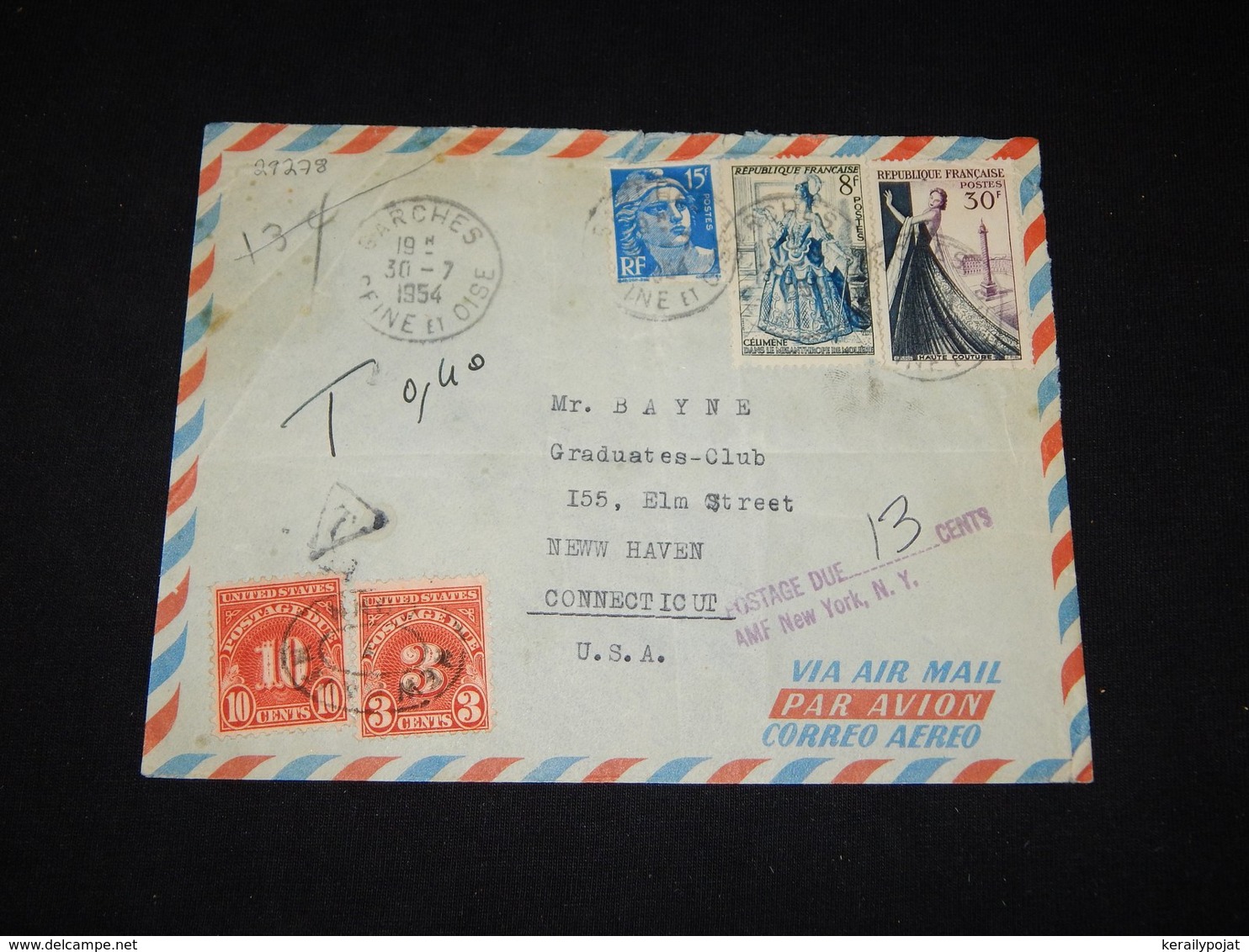 France 1954 Postage Due Air Mail Cover To USA__(L-29278) - 1927-1959 Covers & Documents