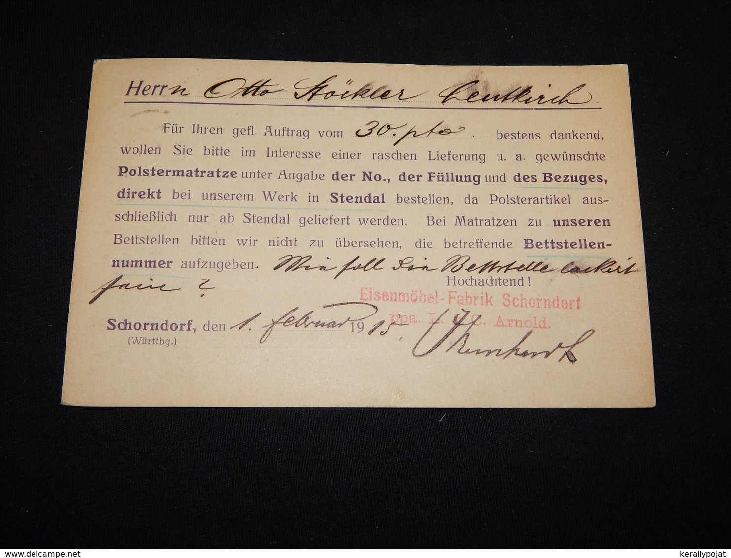 Germany 1915 Schorndorf Eisenmöbel Fabrik Business Card__(L-28862) - Briefe U. Dokumente