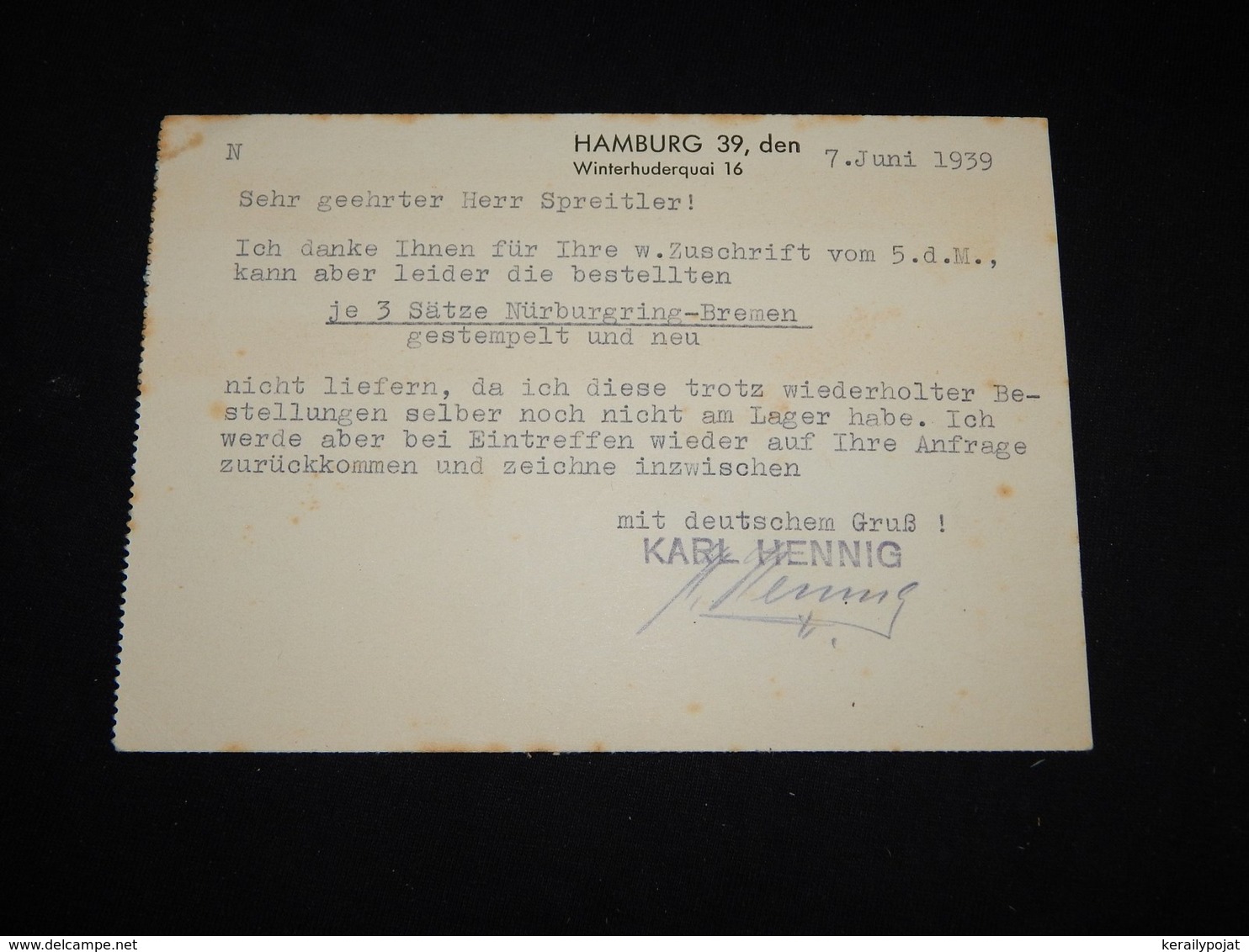 Germany 1939 Hamburg Karl Henning Briefmarkenhaus Business Card__(L-29150) - Briefe U. Dokumente