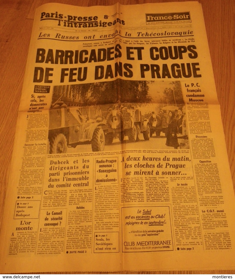 PARIS PRESSE L'INTRANSIGEANT 22 Août 1968 Les Russes Ont Envahis La Tchécoslovaquie - Barricades Dans Prague - General Issues