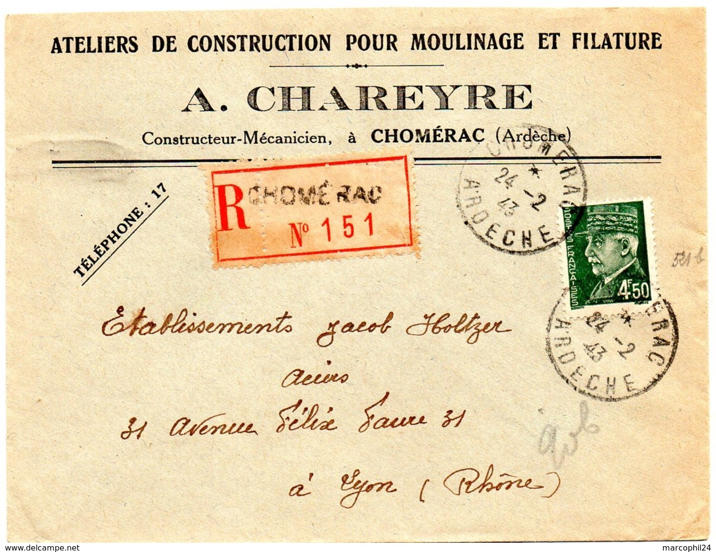 ARDENNES - Dépt N° 08 = CHOMERAC  1943 = Recommandé + CACHET MANUEL A4 + CHARREYRE Ateliers MOULINAGE + FILATURE - 1921-1960: Modern Period