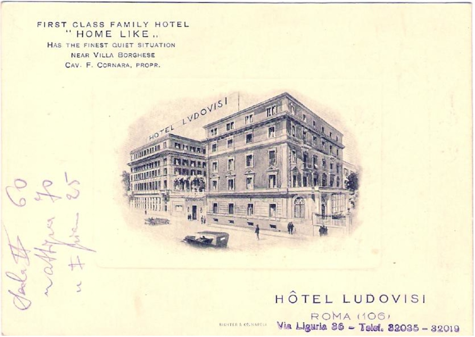 1930circa-Italia Cartolina Con Diciture In Inglese Non "hotel Ludovisi Roma" - Altri & Non Classificati