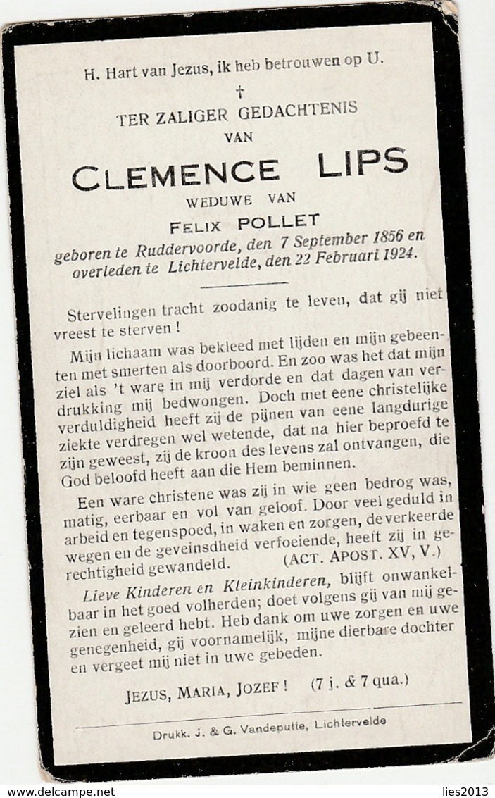 Ruddervoorde, Lichtervelde, 1924, Clemence Lips, Pollet - Images Religieuses