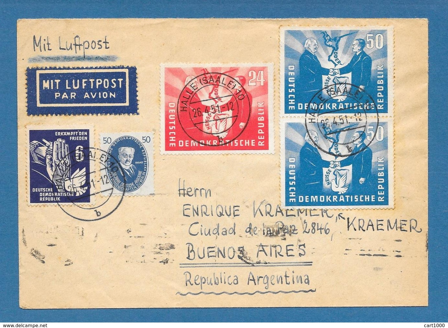 1951 HALLE TO ARGENTINA DEUTSCHE DEMOKRATISCHE REPUBLIK DDR - Covers & Documents