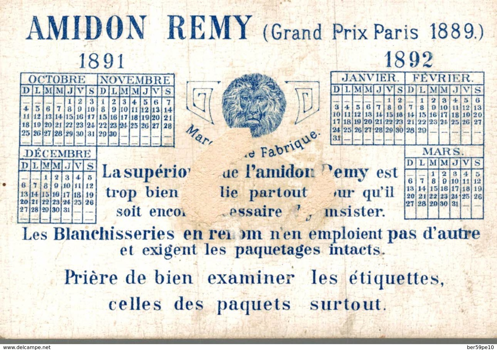 CHROMO AMIDON REMY REMY STARCH  LE TRICYCLE  CALENDRIER SEMESTRIEL 1891-1892 - Autres & Non Classés