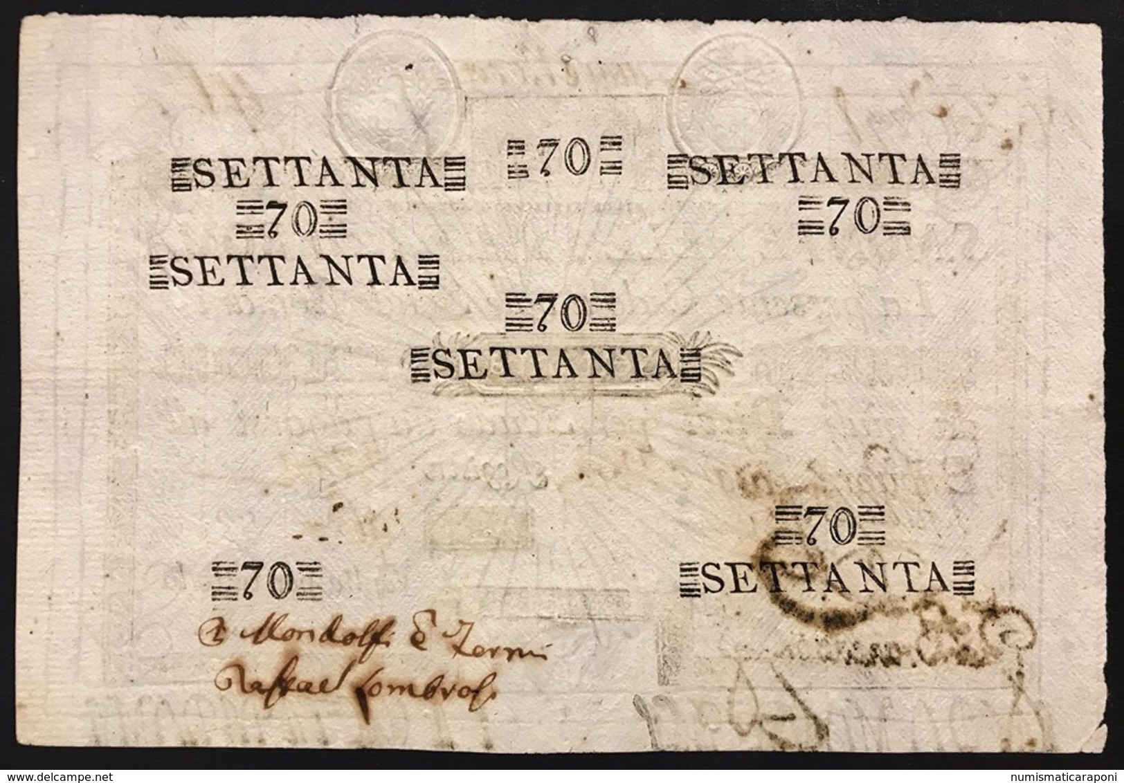 Stato Pontificio Cedola Da 70 Scudi Sacro Monte Della Pietà Di Roma  01 05 1797 Spl/sup Naturale Lotto.2894 - [ 9] Sammlungen