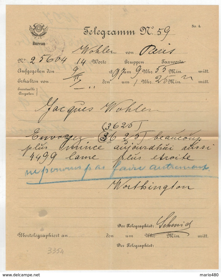 TELEGRAMM   N°  59   DEL  1897   DA  WOHLEN    PER    PARIS  (VIAGGIATO) - Télégraphe