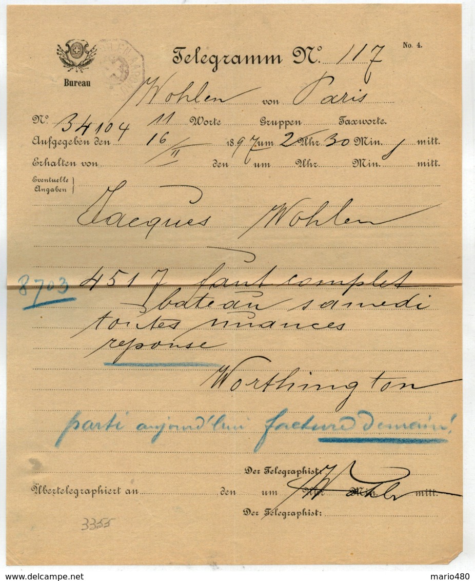 TELEGRAMM   N°  117  DEL  1897   DA  WOHLEN    PER    PARIS  (VIAGGIATO) - Télégraphe