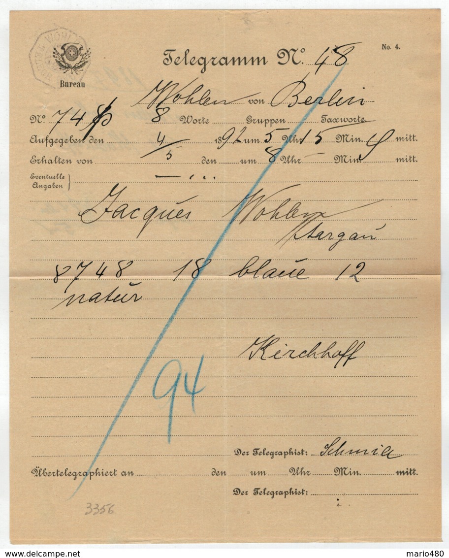 TELEGRAMM   N°  48  DEL  1897   DA  WOHLEN    PER    BERLIN  (VIAGGIATO) - Télégraphe