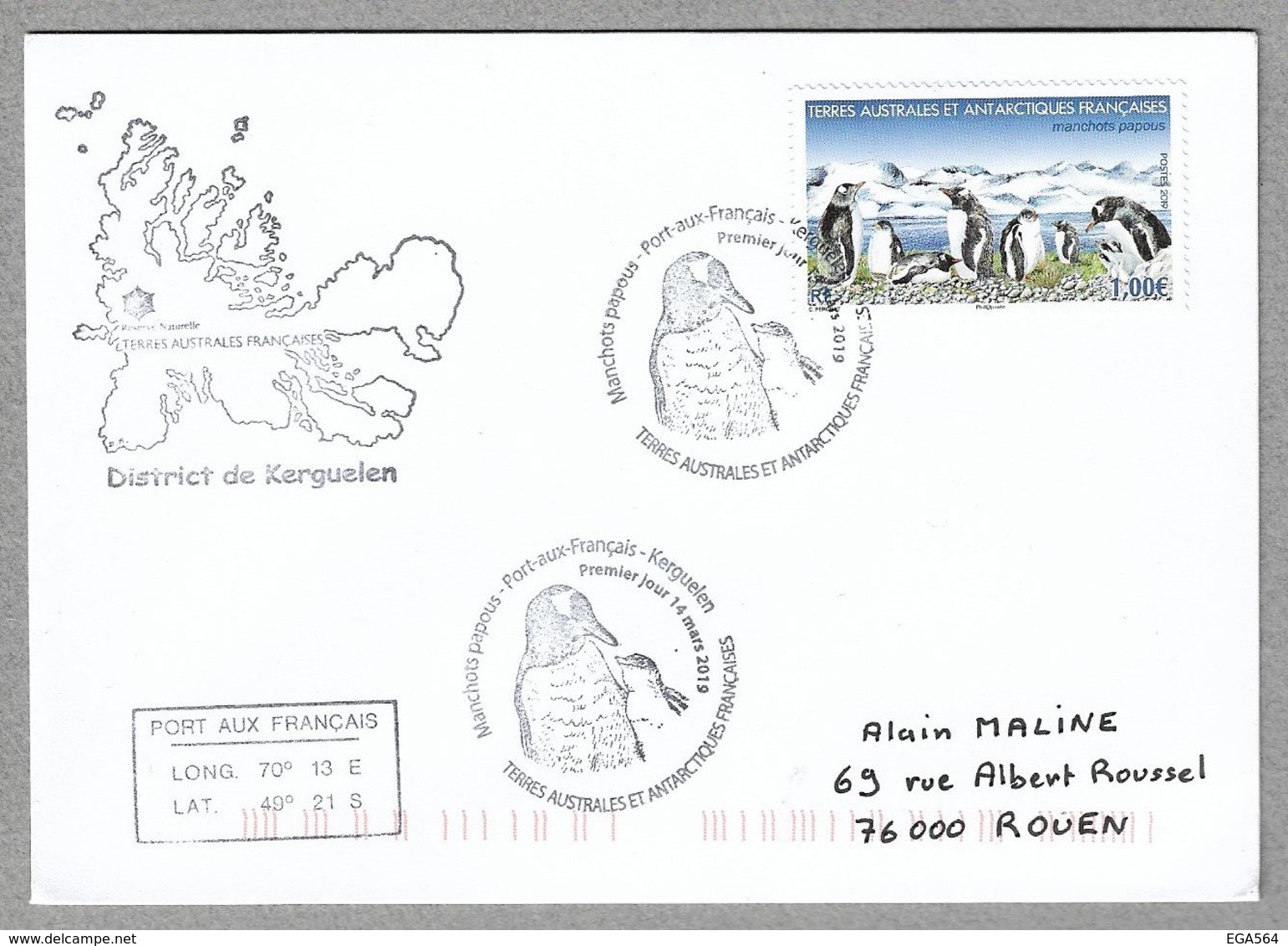 E57 - TAAF - 908 Colonie De Manchots PAPOUS 1ère Date Kerguelen Cachet Illustré 14 Mars 2019 - - Lettres & Documents