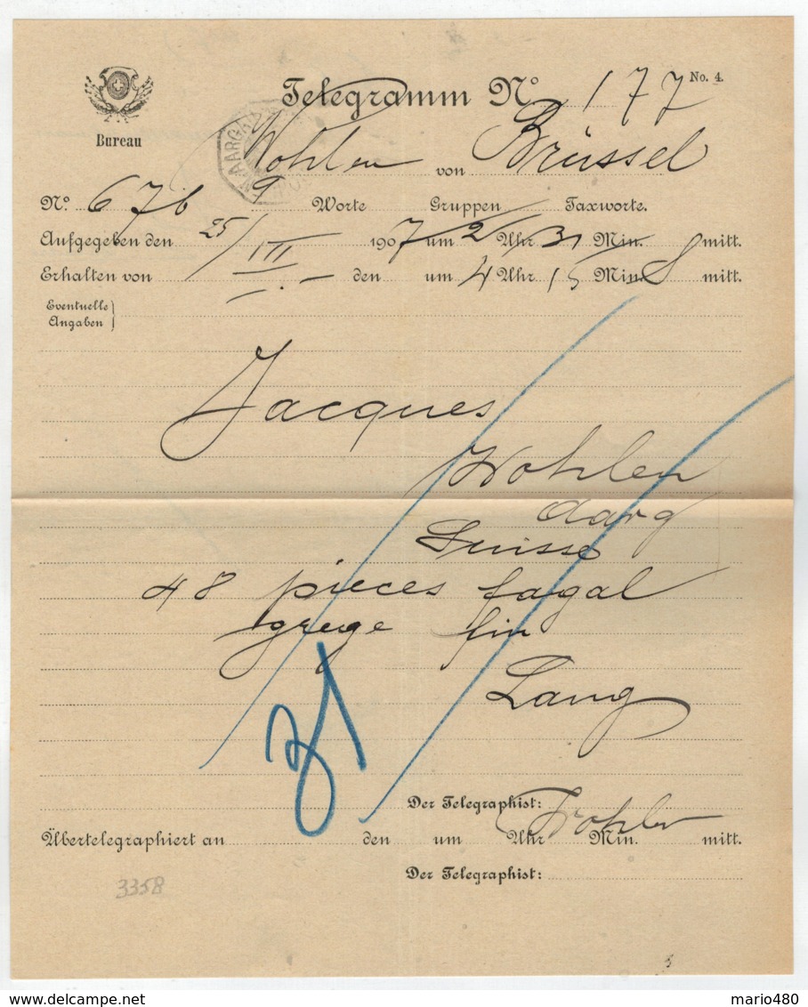 TELEGRAMM   N°  177  DEL  1907   DA  WOHLEN    PER    BRUSSEL     (VIAGGIATO) - Télégraphe