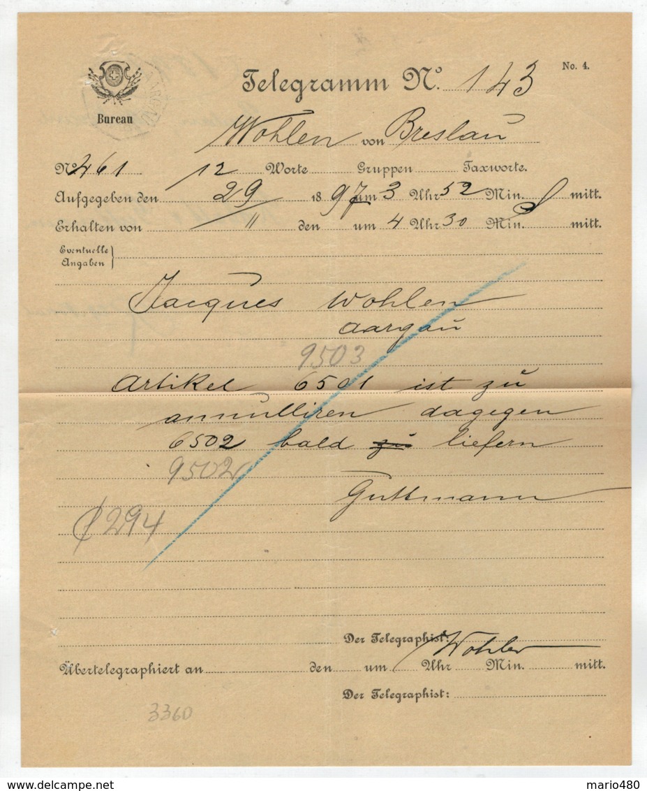 TELEGRAMM   N°  143  DEL  1897   DA  WOHLEN    PER    BRESLAV     (VIAGGIATO) - Télégraphe