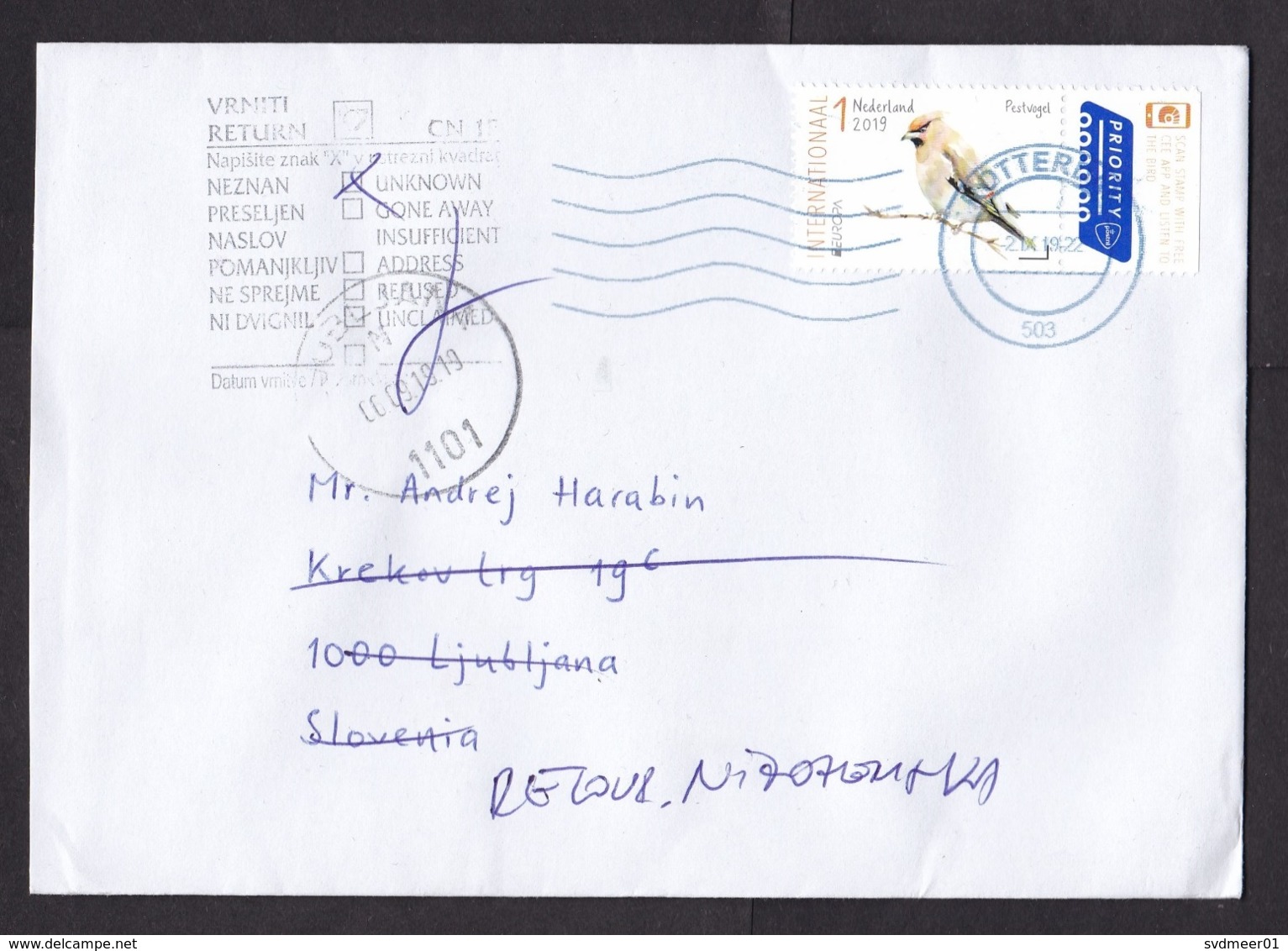 Netherlands: Priority Cover To Slovenia, 2019, 1 Stamp + Tab, Bird, Returned, Retour Cancel, Unknown (traces Of Use) - Brieven En Documenten