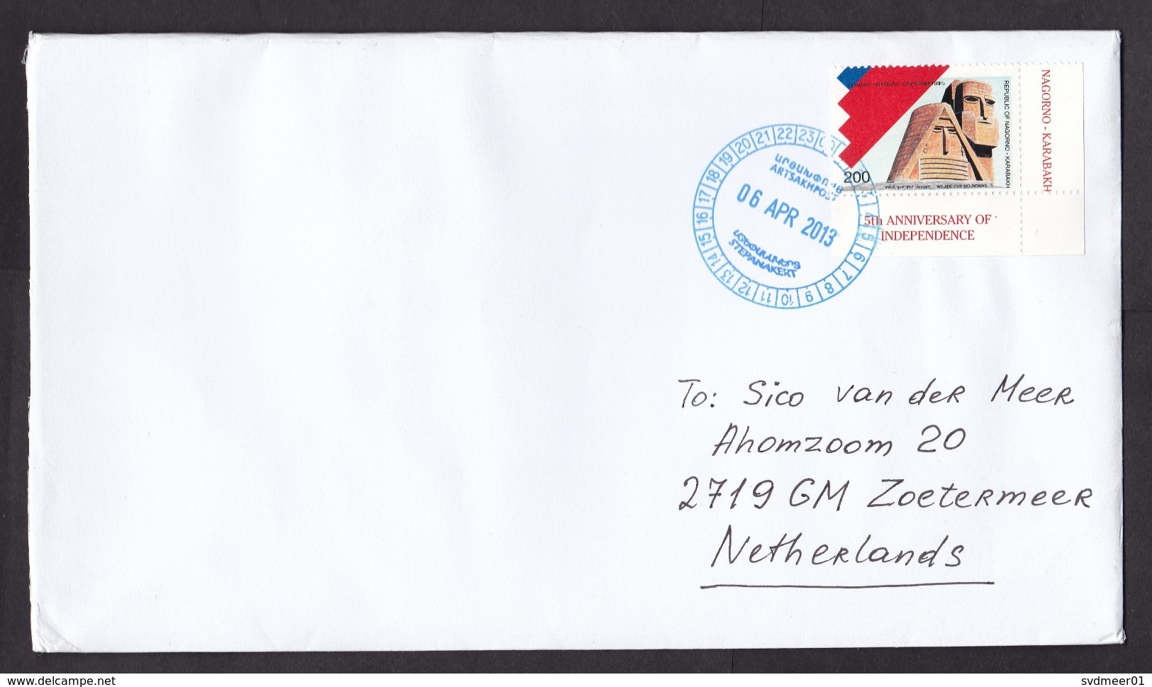 Armenia, Nagorno Karabakh: Cover To Netherlands, 2013, 1 Corner Stamp, Statue, Art, Rare Real Use! (traces Of Use) - Arménie