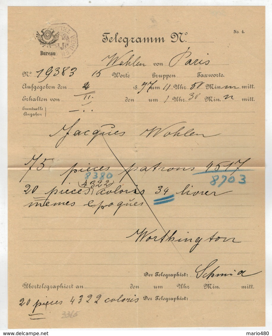 TELEGRAMM   N°  19383  DEL  1877   DA  WOHLEN    PER    PARIS     (VIAGGIATO) - Télégraphe