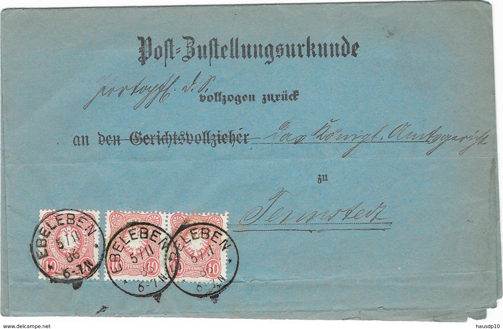 DR Brief MeF Krone/Adler Mi.41 Post Zustellungsurkunde Ebeleben 1886 - Lettres & Documents